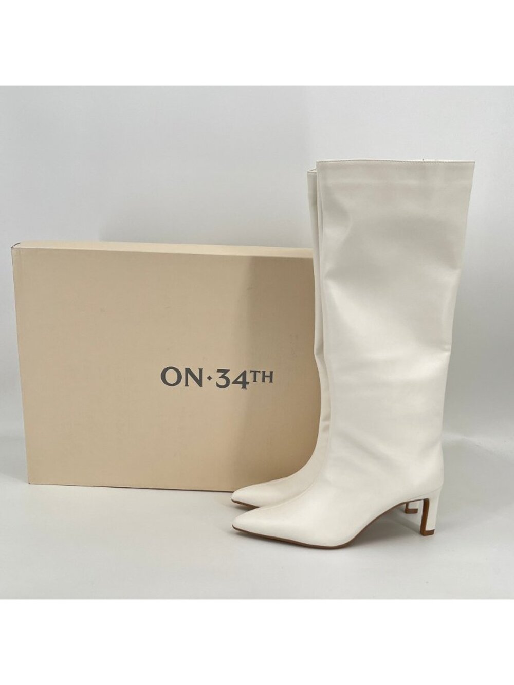On 34th Rachelle Stovepipe Boots Bone 10M Faux Leather Pointed Toe Kitten Heel